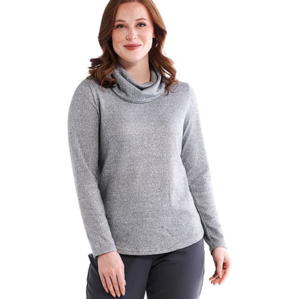 Womens Emily Daniels Long Sleeve Cowl Neck Foil Tee gray